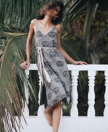 Vestido Túnica en Arena con Detalles Blockprint